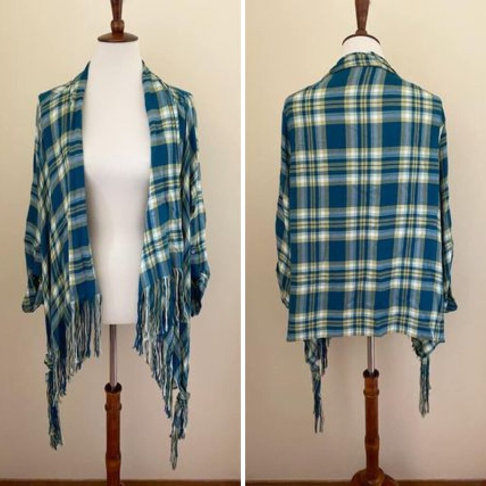 "Multiples" Plaid Fringe Open Front Cardigan